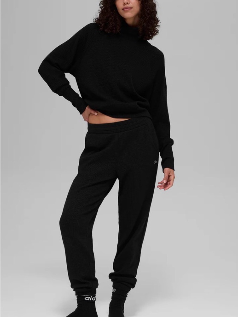 NWT Alo Waffle Weekend Escape Mock Neck Long Sleeve Black Small